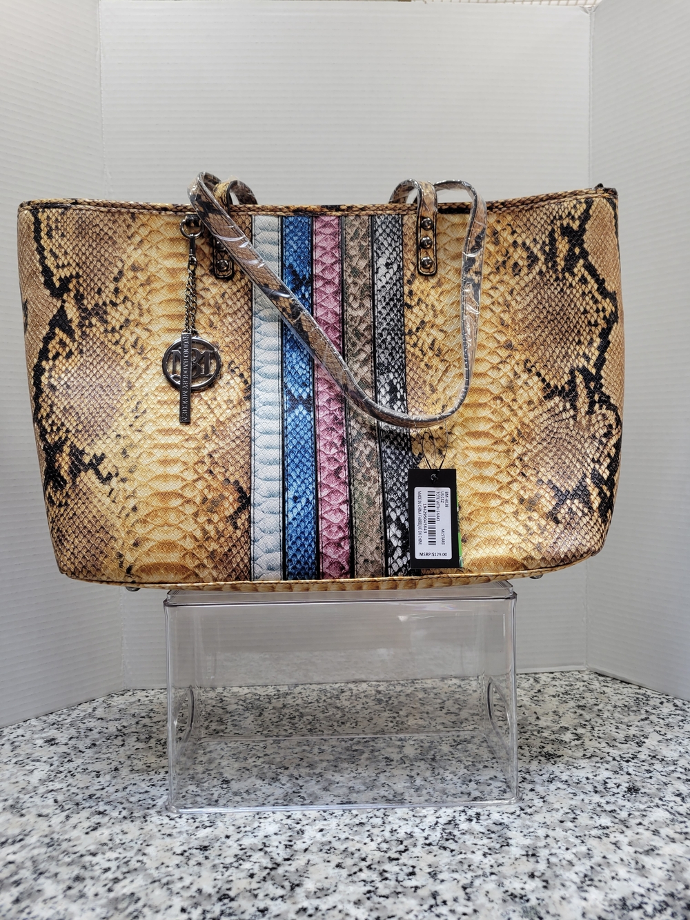 Badgley Mischka Snake-Print Tote with Blue, Pink, Silver & Tan Stripe Panels